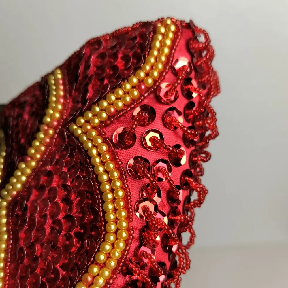 Evening Sequin Satin Mini Bag Beads Clutch Kiss Lock Red Metal Two Strap_6